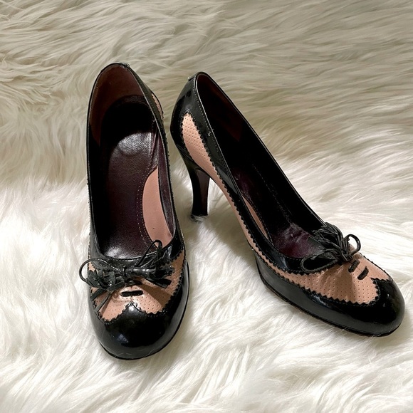 Via Spiga Shoes - Via Spiga Spectator Pumps Black Patent Leather and Pink Bow Round Toe